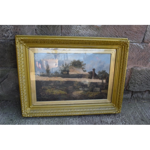 247D - A 19th century oil on canvas in a gilt frame showing a countryside scene with a couple of figures in... 