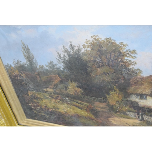 247D - A 19th century oil on canvas in a gilt frame showing a countryside scene with a couple of figures in... 