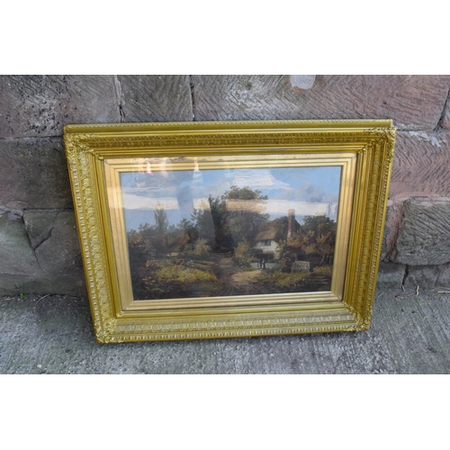 247D - A 19th century oil on canvas in a gilt frame showing a countryside scene with a couple of figures in... 