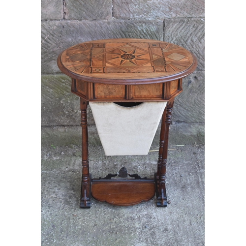 247E - An early 20th century sewing table with marquetry decoration in the Aesthetic Movement style with re... 