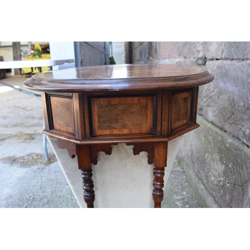 247E - An early 20th century sewing table with marquetry decoration in the Aesthetic Movement style with re... 