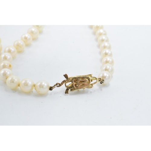 496 - A cased set of single-string cultured pearls with a 9ct gold clasp. Approx 50cm long.