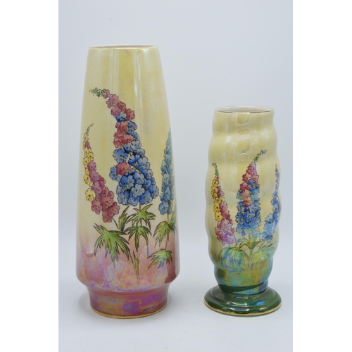 172 - A pair of Royal Winton vases painted with foxgloves on a lemon yellow background, one with ribbed sh... 