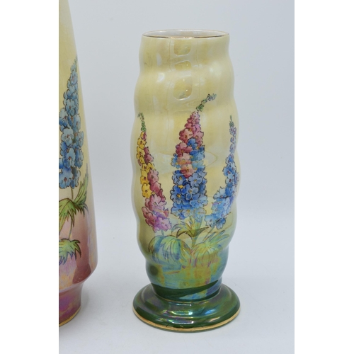 172 - A pair of Royal Winton vases painted with foxgloves on a lemon yellow background, one with ribbed sh... 