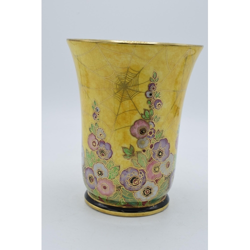 174 - Royal Winton Grimwades wide trumpet vase in a cobwebs and foxglove design on yellow background with ... 