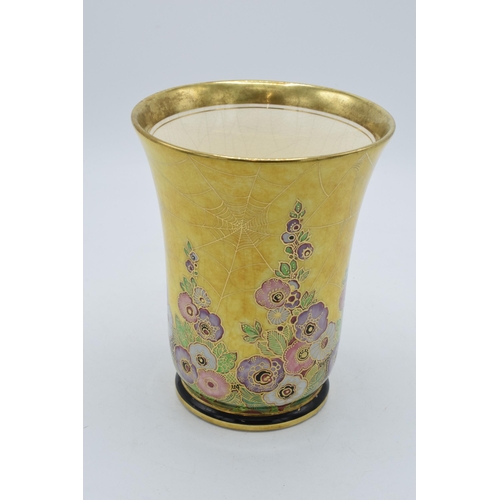 174 - Royal Winton Grimwades wide trumpet vase in a cobwebs and foxglove design on yellow background with ... 