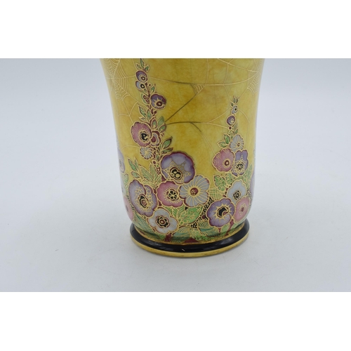 174 - Royal Winton Grimwades wide trumpet vase in a cobwebs and foxglove design on yellow background with ... 