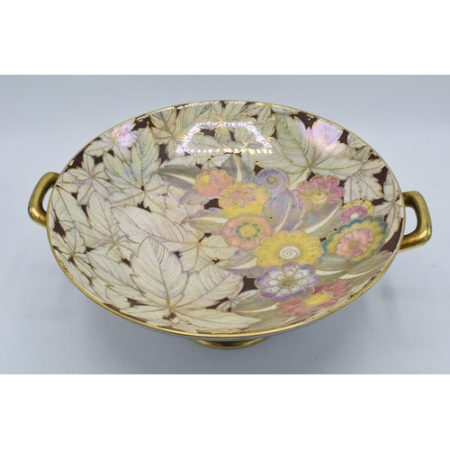 177 - Royal Winton lustre pedestal dish with floral and leaves design on gilt and blue background. 31cm wi... 