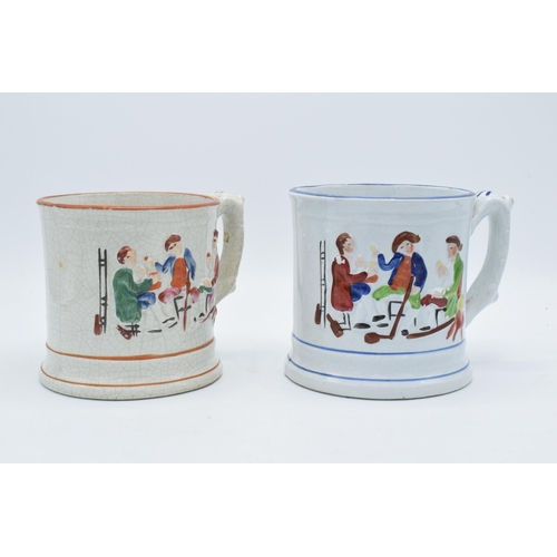 198A - A pair of late 19th century frog mugs of tavern scenes, 12cm tall (2) (1 a/f).