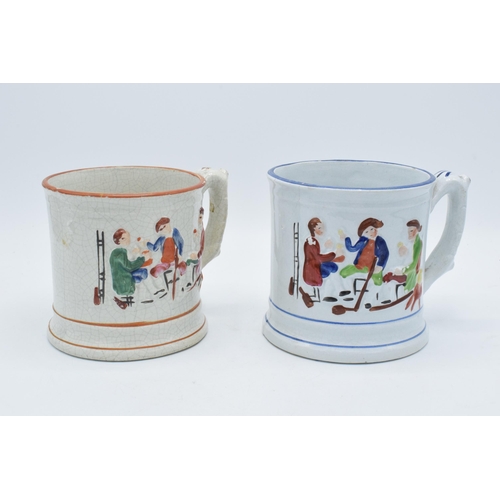 198A - A pair of late 19th century frog mugs of tavern scenes, 12cm tall (2) (1 a/f).