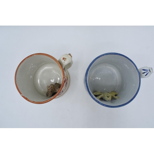 198A - A pair of late 19th century frog mugs of tavern scenes, 12cm tall (2) (1 a/f).