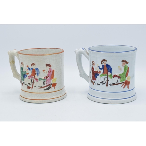 198A - A pair of late 19th century frog mugs of tavern scenes, 12cm tall (2) (1 a/f).