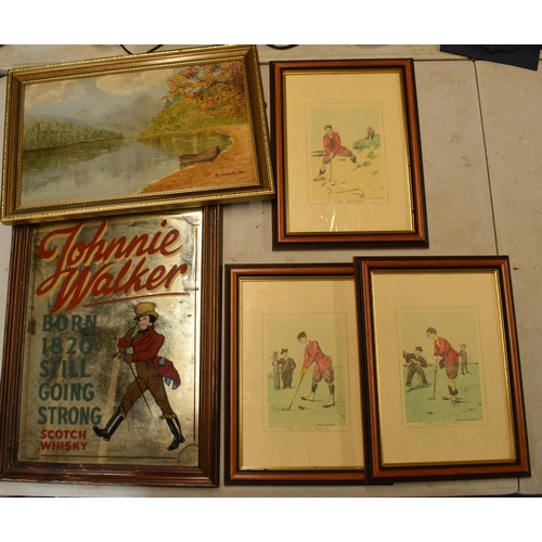 219 - A collection of framed items to include vintage Johnnie Walker Scotch Whisky pub advertising mirror,... 