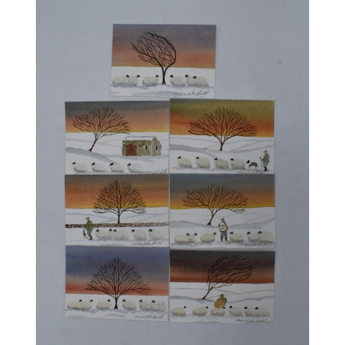 220 - A collection of 7 M. S. Wakefield small unframed watercolours on card depicting sheep throughout win... 