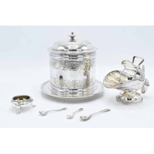 235 - A collection of silver plated items to include a biscuit jar, sugar bowl and scoop, a salt and sever... 