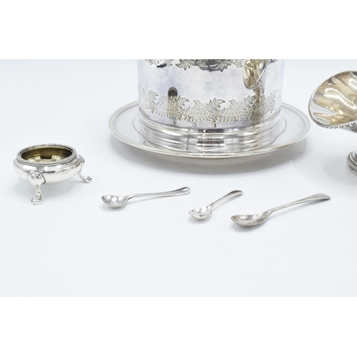 235 - A collection of silver plated items to include a biscuit jar, sugar bowl and scoop, a salt and sever... 