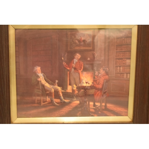 241 - A pair of prints in wooden frame, one depicting a scene of gents by a roaring fire and the other a h... 