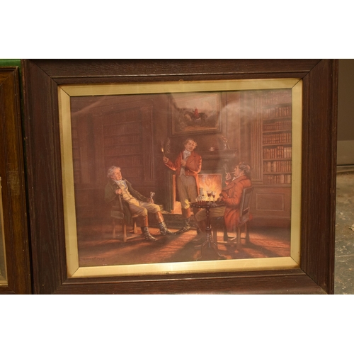 241 - A pair of prints in wooden frame, one depicting a scene of gents by a roaring fire and the other a h... 