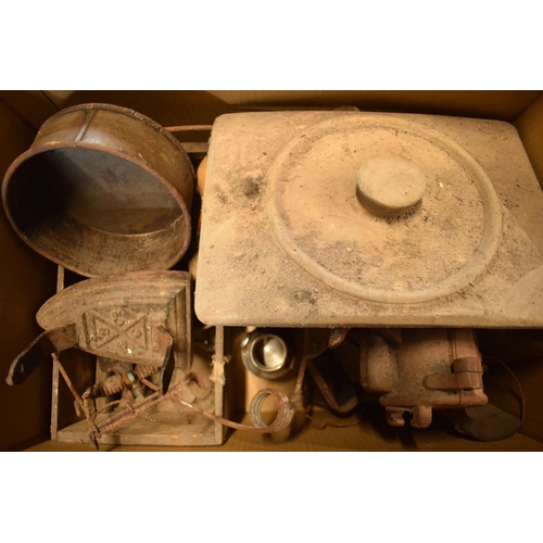 245B - A mixed collection of generally metalware to include vintage mole traps, pans and other similar item... 