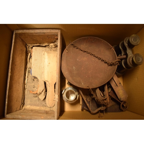 245B - A mixed collection of generally metalware to include vintage mole traps, pans and other similar item... 