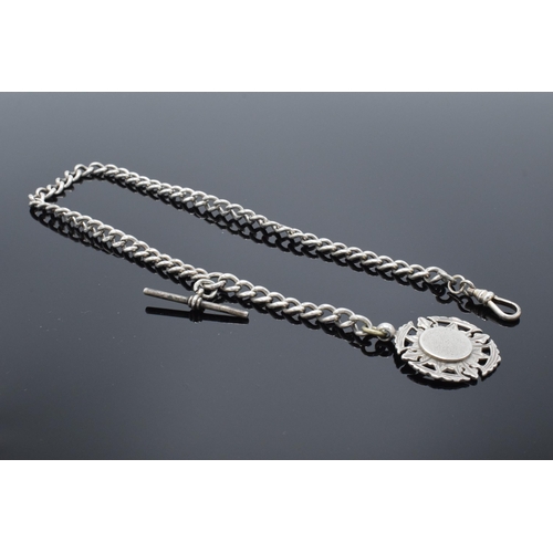 324 - Silver Albert chain with clip, T-bar and hallmarked fob. 39.4 grams.