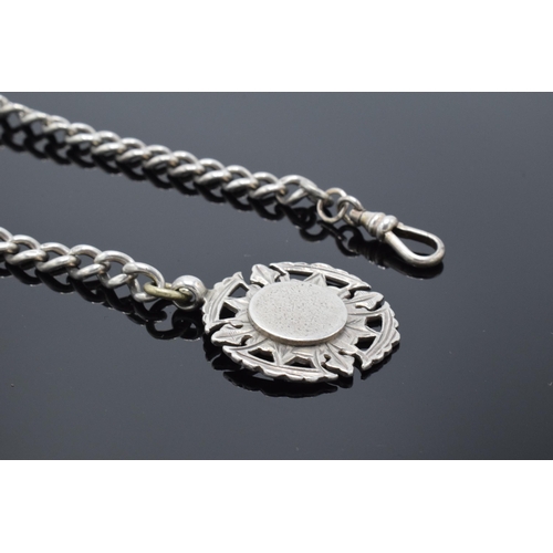 324 - Silver Albert chain with clip, T-bar and hallmarked fob. 39.4 grams.