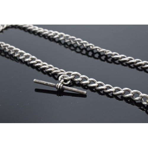 324 - Silver Albert chain with clip, T-bar and hallmarked fob. 39.4 grams.