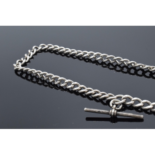 324 - Silver Albert chain with clip, T-bar and hallmarked fob. 39.4 grams.