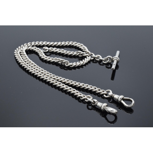 325 - Silver double Albert chain with T-bar, each link being marked. 43.7 grams. 44cm long.