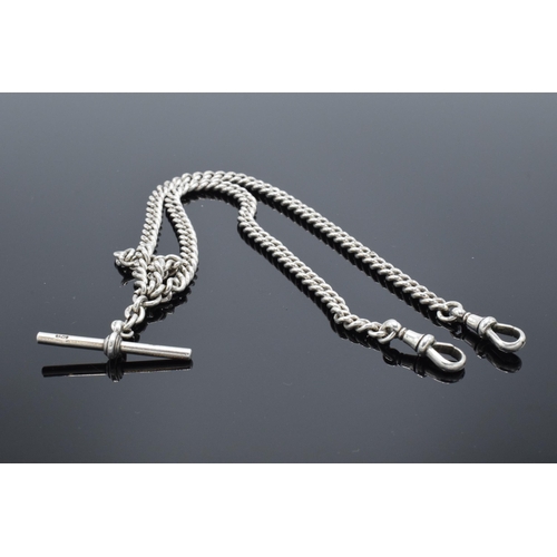 325 - Silver double Albert chain with T-bar, each link being marked. 43.7 grams. 44cm long.