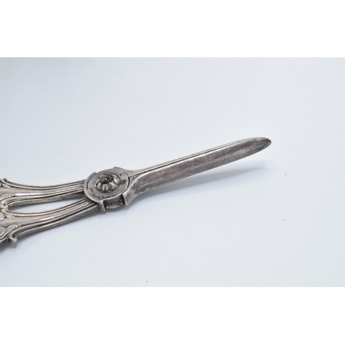 348 - A pair of silver grape scissors, Sheffield 1844, Aaron Hadfield, 105.1 grams. 17.5cm long.