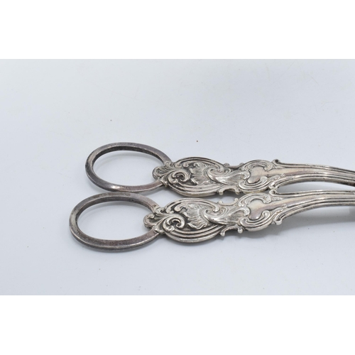 348 - A pair of silver grape scissors, Sheffield 1844, Aaron Hadfield, 105.1 grams. 17.5cm long.