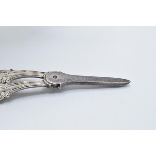 348 - A pair of silver grape scissors, Sheffield 1844, Aaron Hadfield, 105.1 grams. 17.5cm long.