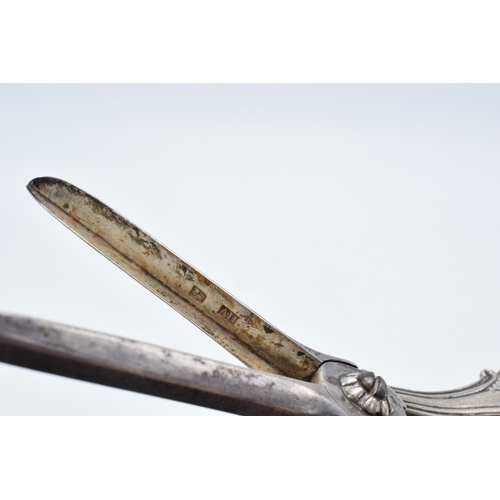 348 - A pair of silver grape scissors, Sheffield 1844, Aaron Hadfield, 105.1 grams. 17.5cm long.