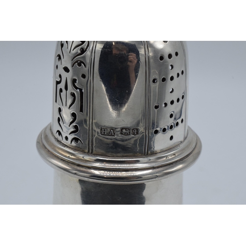 356 - Silver low shouldered sugar sifter, 338.1 grams / 10.87 oz. Sheffield 1933. 20.5cm tall.