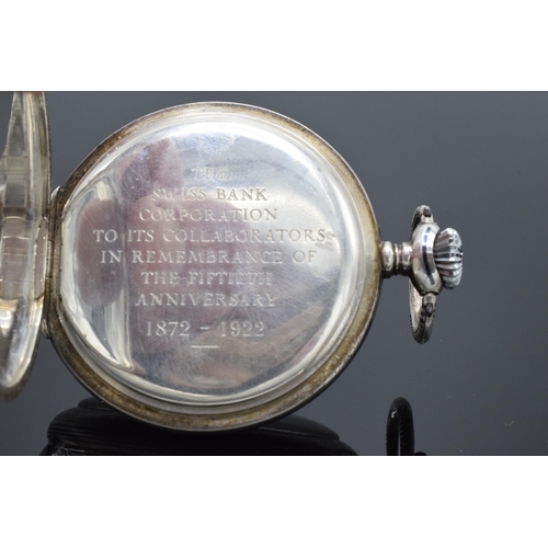 381 - 'Swiss Bank Corporation 1872-1922' Zenith top wind silver 0.925 cased pocket watch with silver lette... 