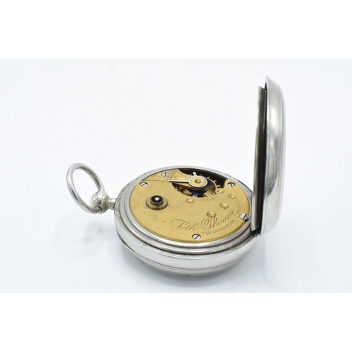 394 - A nickel cased railway key-wind pocket watch with American Seth Thomas Thomaston movement 523625 wit... 