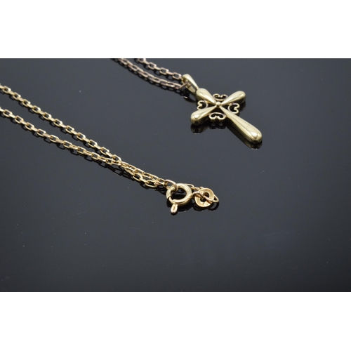 397 - 9ct gold link chain with 9ct gold crucifix pendant. 4.3 grams. Approx 46cm tall.