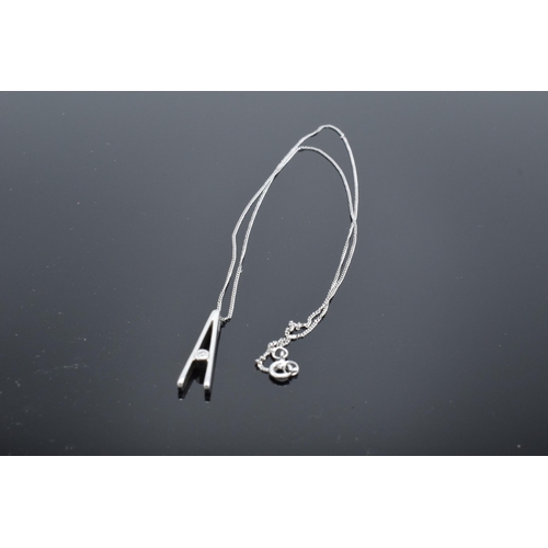 409 - 9ct white gold 'A' pendant on white gold chain set with diamond. 1.9 grams. 41cm length of chain.