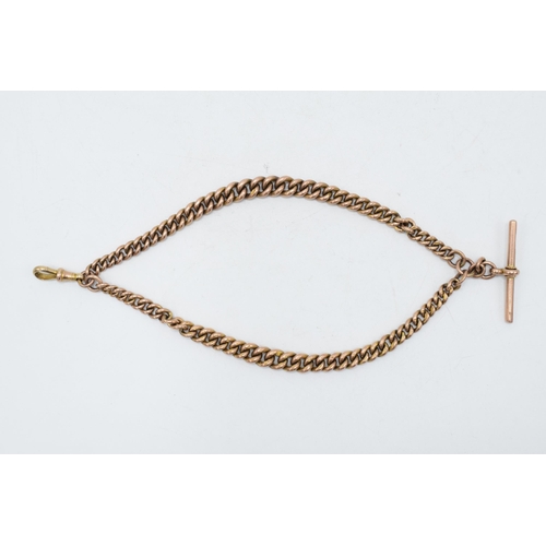 416 - 9ct rose gold Albert watch chain with T-bar and clip, 51.3 grams. Each link and component is stamped... 