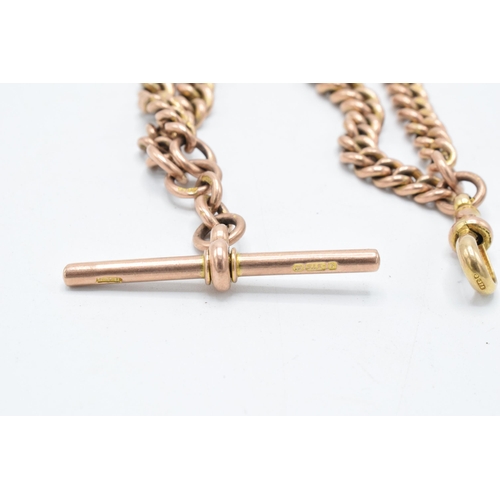 416 - 9ct rose gold Albert watch chain with T-bar and clip, 51.3 grams. Each link and component is stamped... 