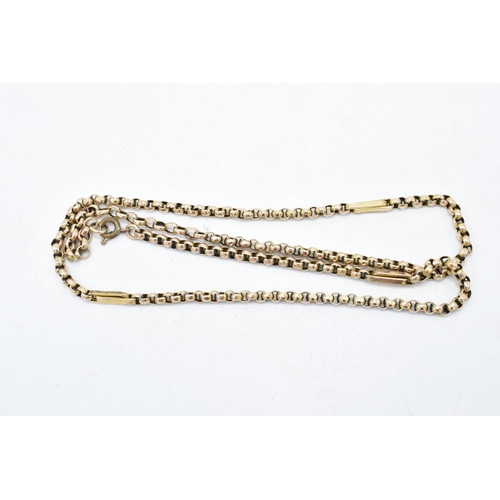 417 - A 9ct gold gold chain, 9.3 grams, base metal clasp, 50cm long, together with a rolled gold locket an... 