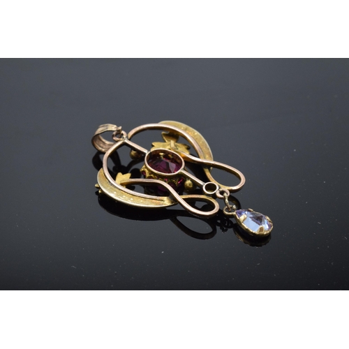 441 - 9ct gold Edwardian drop pendant set with pearls and other stones, 2.4 grams, 4cm long.
