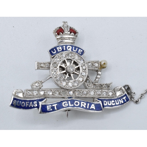 455 - 18ct white gold, enamel & diamond set Royal Artillery Sweetheart brooch, 7.3g.