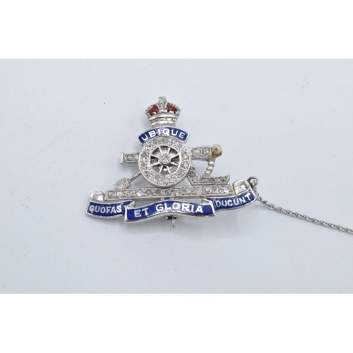 455 - 18ct white gold, enamel & diamond set Royal Artillery Sweetheart brooch, 7.3g.