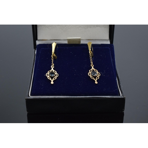 469 - Pair 9ct gold and gemstone set earrings.  Weight 1.4g, 35mm drop.