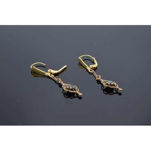 469 - Pair 9ct gold and gemstone set earrings.  Weight 1.4g, 35mm drop.