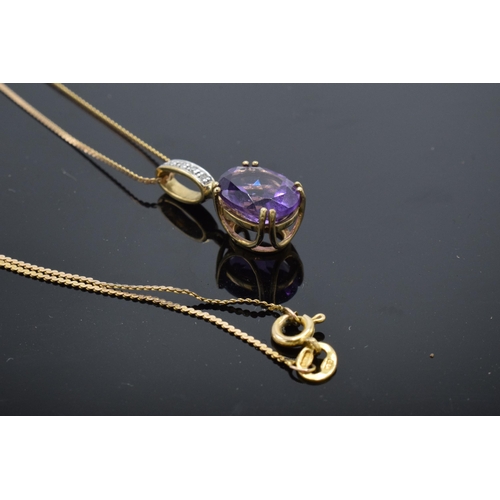 470 - 9ct gold amethyst & diamond set pendant with 9ct flat S link chain, 42cm, long.  Pendant 22mm high, ... 