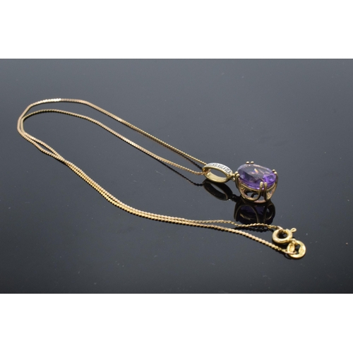 470 - 9ct gold amethyst & diamond set pendant with 9ct flat S link chain, 42cm, long.  Pendant 22mm high, ... 