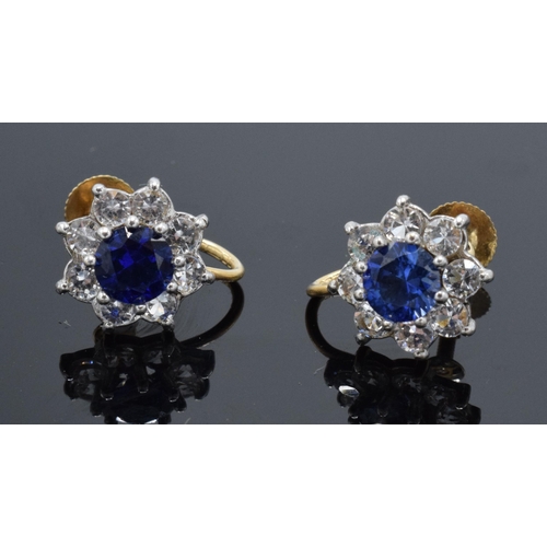 476 - 9ct gold blue & white sapphire screw back earrings, face measuring 10mm appx.